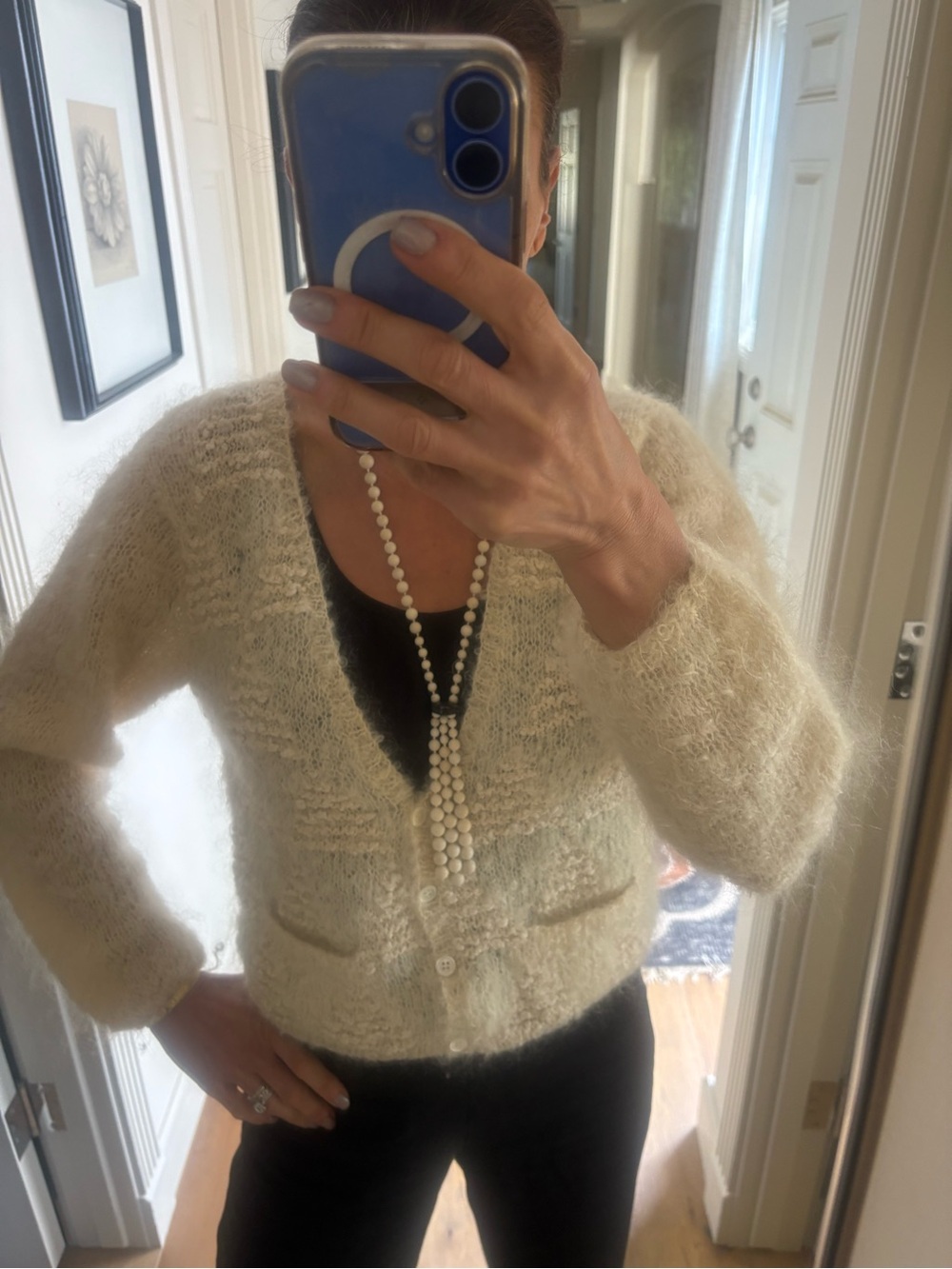VTG Lauren Hansen Hand Knitted Mohair Wool Cardigan Cream Fuzzy Sweater M - Picture 6 of 15